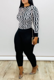 Casual Print Patchwork O Neck Plus Size