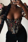 Street Patchwork Embroidered Square Collar Tops