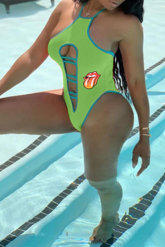 Fashion Sexy Lips Printed Hollowed Out Backless Swimwears