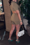 Sexy Solid Hollowed Out Patchwork Buttons Turn-back Collar Short Sleeve Two Pieces