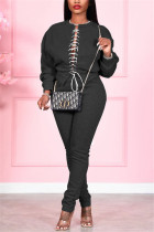 Fashion Casual Solid Strap Design O Neck Long Sleeve Two Pieces