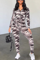 Fashion Casual Camouflage Print Basic Hooded Collar Long Sleeve Two Pieces