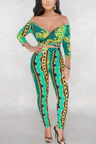 Fashion Sexy Print Basic V Neck Long Sleeve Regular Sleeve Short Two Pieces