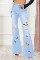 Fashion Casual Butterfly Print Ripped Mid Waist Boot Cut Jeans
