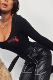 Street Solid Embroidered Square Collar Skinny Bodysuits