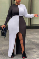 Sexy Solid Patchwork Slit O Neck A Line Plus Size 