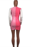 Fashion Casual Patchwork Basic O Neck Long Sleeve Dresses (Without Waist Chain)