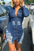 Fashion Sexy Regular Sleeve Long Sleeve Turndown Collar Denim Dress Mini Solid Dresses