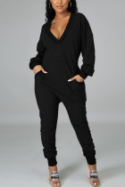 Sexy Solid Pocket V Neck Straight Jumpsuits