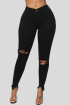 Fashion Casual Solid Ripped High Waist Skinny Jeans