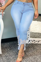 Fashion Beading Mid Waist Skinny Denim