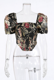 Street Patchwork Embroidered Square Collar Tops
