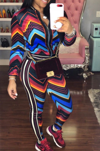 Casual Print Patchwork Zipper Collar Long Sleeve Two Pieces