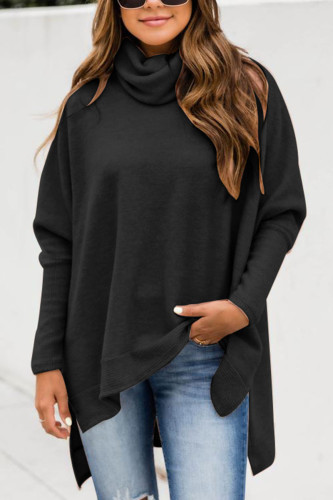 British Style Solid Slit Turtleneck Tops