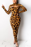 Street Print Leopard O Neck Long Sleeve Two Pieces
