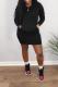 Street Solid Draw String Hooded Collar Wrapped Skirt Dresses