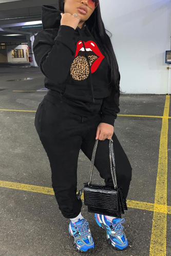 Casual Print Patchwork Hooded Collar Long Sleeve Two Pieces
