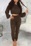 Fashion Casual Adult Nylon Solid Ripped O Neck Long Sleeve Regular Sleeve Short Two Pieces