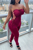 Sexy Solid Bandage Hollowed Out Strapless Regular Jumpsuits
