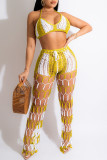 Sexy Print Bandage Hollowed Out Patchwork Halter Sleeveless Two Pieces