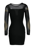 Fashion Sexy Patchwork Patchwork See-through O Neck Long Sleeve Dress