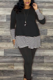 Casual Striped Patchwork O Neck Long Sleeve Two Pieces