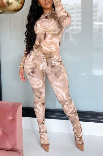 Casual Print Fold O Neck Long Sleeve Two Pieces