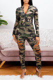 Fashion Casual Camouflage Print Ripped Zipper Collar Skinny Jumpsuits