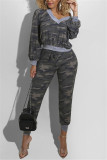 Fashion Casual Camouflage Print Basic V Neck Long Sleeve Two Pieces