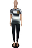 Casual Letter Striped Print Pocket O Neck Short Sleeve Two Pieces
