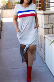 Fashion Casual Striped Print Slit O Neck Short Sleeve Dress