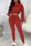 Fashion Casual Adult Nylon Solid Ripped O Neck Long Sleeve Regular Sleeve Short Two Pieces