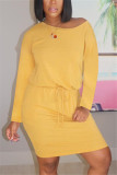 Fashion Casual Solid Basic Oblique Collar Long Sleeve Dress