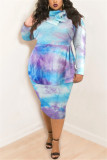 Fashion Casual Plus Size Print Tie Dye Tie-dye Turtleneck Printed Dress