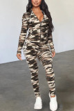 Fashion Casual Camouflage Print Basic Hooded Collar Long Sleeve Two Pieces