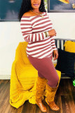 Fashion Casual Striped Print Basic O Neck Long Sleeve Two Pieces