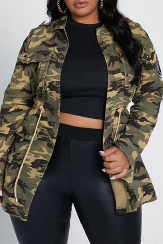 Fashion Casual Camouflage Print Cardigan Turndown Collar Plus Size Coats