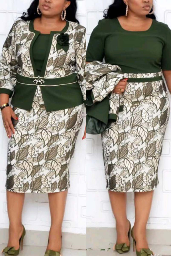 Fashion Casual Print Patchwork O Neck Plus Size Dress Set
