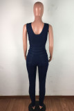 Sexy Casual Solid Hollowed Out V Neck Sleeveless Denim Jumpsuit