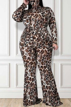 Fashion Casual Leopard Basic Half A Turtleneck Plus Size Jumpsuit