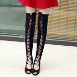 Fashion Sexy Hollowed Out Strap Design Solid Color Lace Up High Heel Boots
