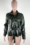 Work Daily Faux Leather Solid With Belt Turndown Collar Tops
