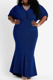 Sexy Solid Patchwork V Neck Evening Dress Plus Size 