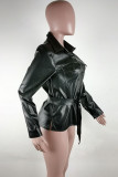 Work Daily Faux Leather Solid With Belt Turndown Collar Tops