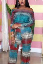 British Style Patchwork Print Split Joint Bateau Neck Long Sleeve Off The Shoulder Regular Two Pieces