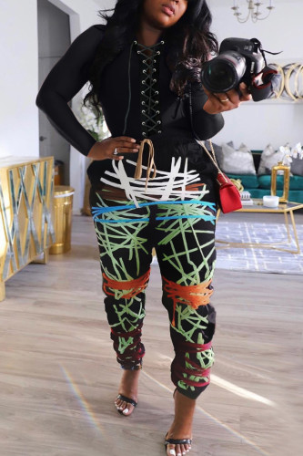 Fashion Street Print Pants Bandage Design Solid Color Tops Two Piece Set