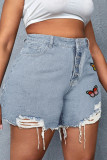 Fashion Casual Butterfly Print Ripped Regular High Waist Conventional Positioning Print Plus Size Denim Shorts