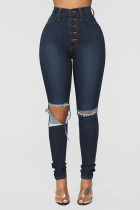 Fashion Casual Solid Buckle High Waist Skinny Jeans
