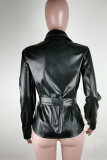 Work Daily Faux Leather Solid With Belt Turndown Collar Tops