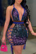 Fashion Sexy Patchwork Hollowed Out Sequins Backless Halter Sling Dress